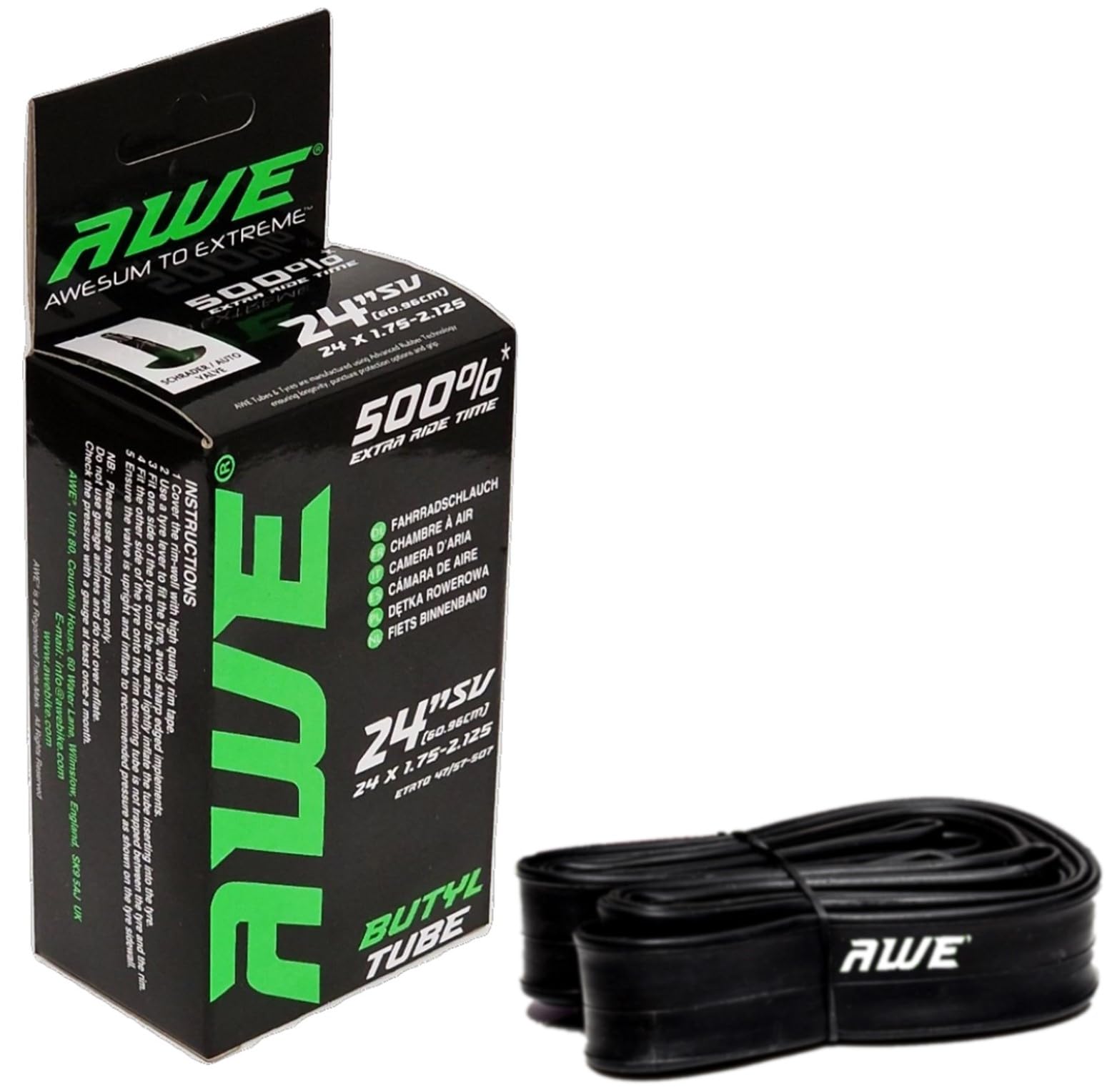AWE Butyl Rubber 24 Inch Inner Tube 500%* Extra Ride Time 24" x 1.75-2.125 Schrader Valve