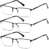 LOUOL READERS for Men Blue Light Blocking Reading Glasses, Half Frame Metal Readers with Spring Hinge, 3-Pack