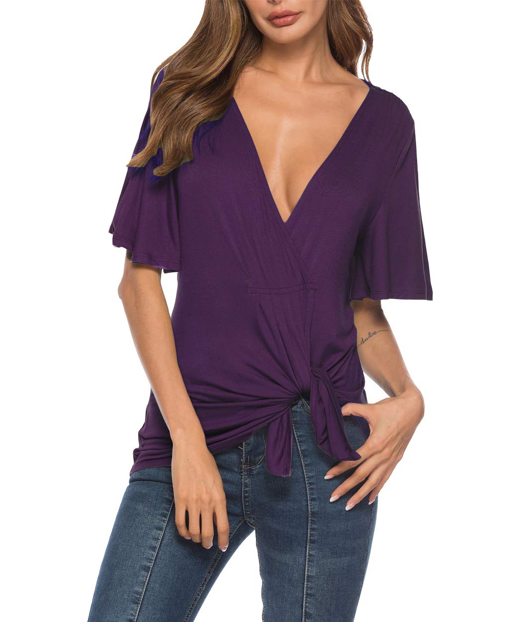 Eanklosco V Neck Shirts Womens Sexy Short Sleeve Cold Shoulder Tops Unique Ruffle Front Side Slit T Shirts (M, Purple)