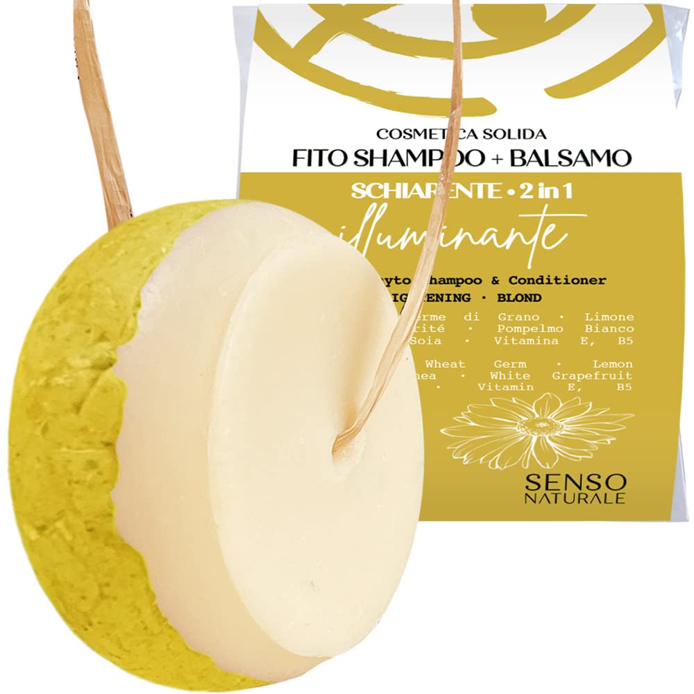 Senso Naturale Solid Shampoo and Conditioner 2 in 1 Illuminating and Clarifying, Balancing for Luminous Golden Highlights with Chamomile, Turmeric and Lemon, Ideal for Travel, 100% Organic, PH 4.5-5.5