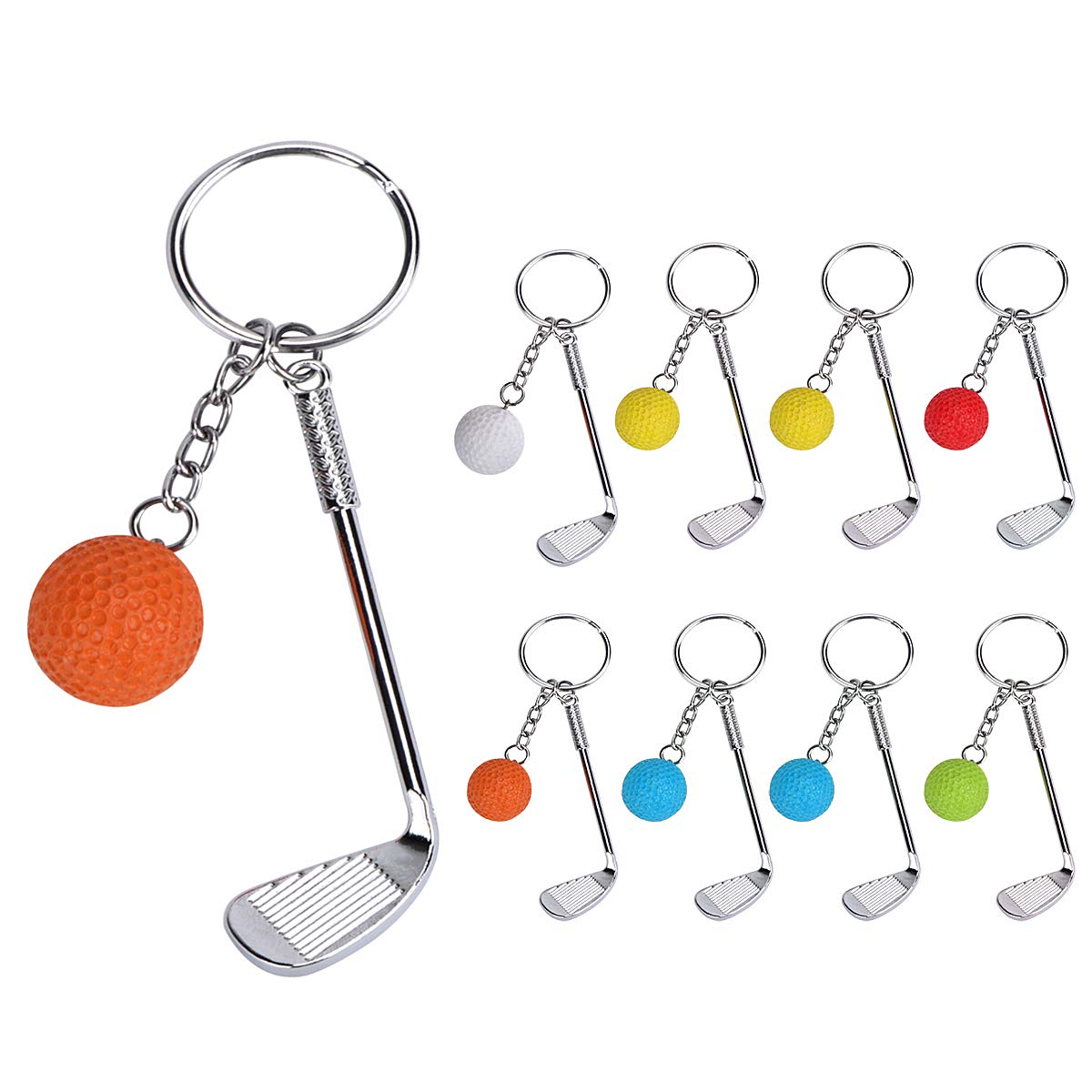 Dadabig 9 PCS Mini Golf Racket Ball Pendant Keychain, Metal Golf Clubs Keyring Creative Keychain Sports Split Key Ring for Sports Clubs Lovers Gift, 6 Colors