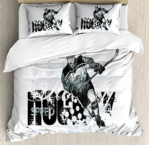 AmbesonneHockey Duvet Cover Set, Grunge Sketch Art of a Professional Player Silhouette and Text Dots, Decorative 3 Piece Bedding Set with 2 Pillow Shams, Queen Size, Black White Pale Blue
