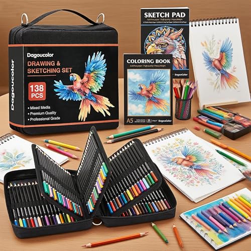 DagouColor Colors Pencil Shoulder Bag, 136 Pencils Drawing Kit, Drawing Set with 3-Color Sketchbook & Coloring Book, Art Supplies For Beginner Artists Professional Media