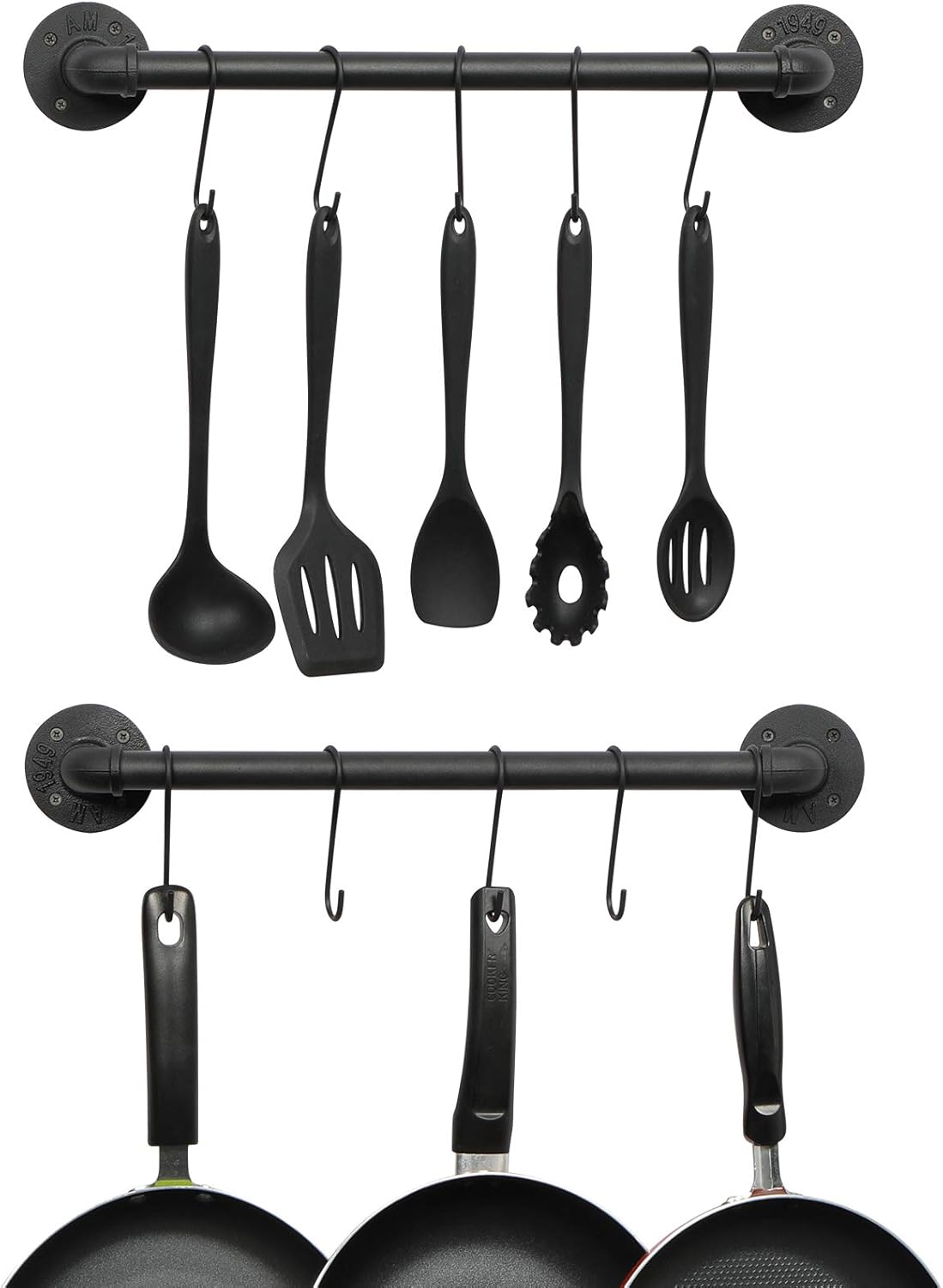 OROPY Wall Mounted Pot Pan Rack 21'' Set of 2, Industrial Utensils Wall Holder Iron Pipe Kitchen Hanging Rail with 10 S Hooks Black: Home Improvement