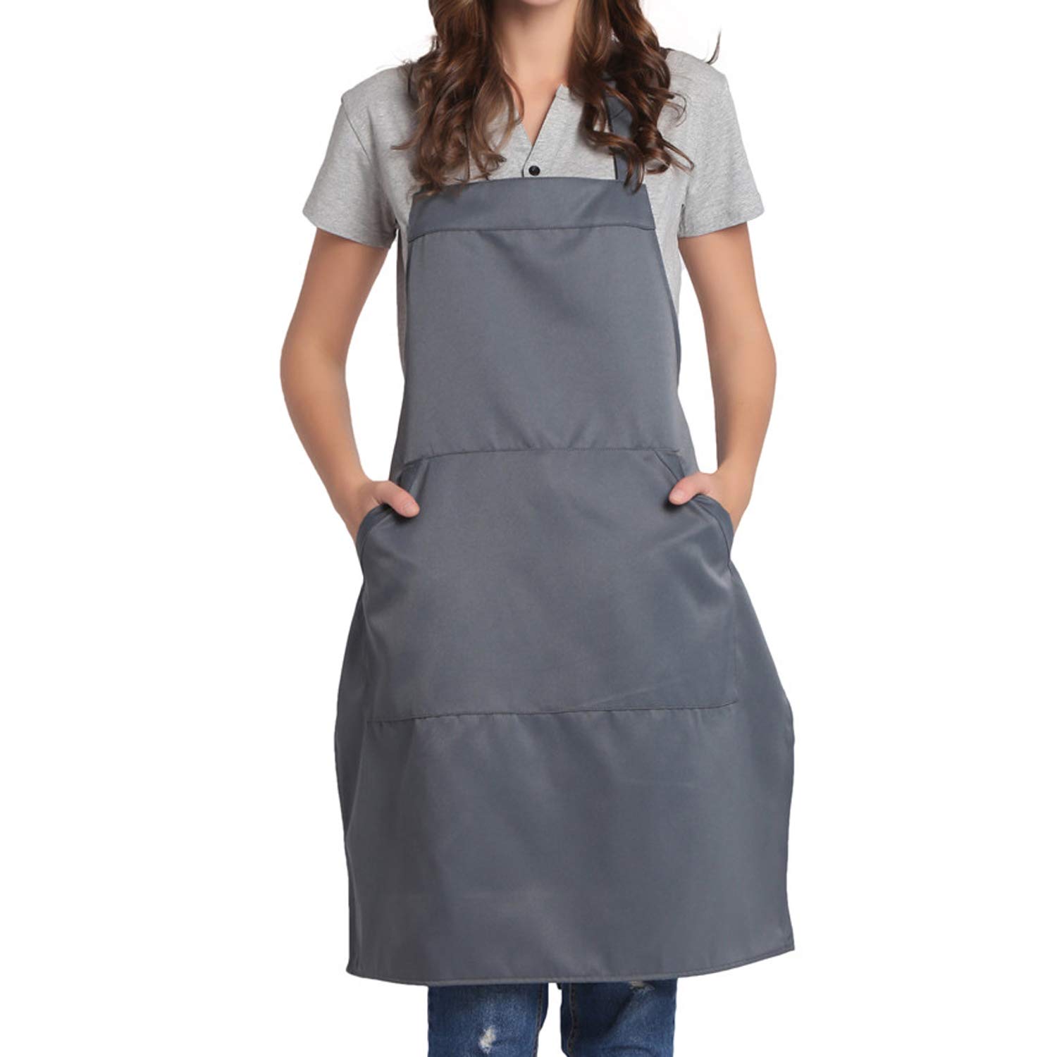 BIGHAS Adjustable Bib Apron with Long Ties for Women Men 18 Colors Chef Kitchen Cooking (Gray)