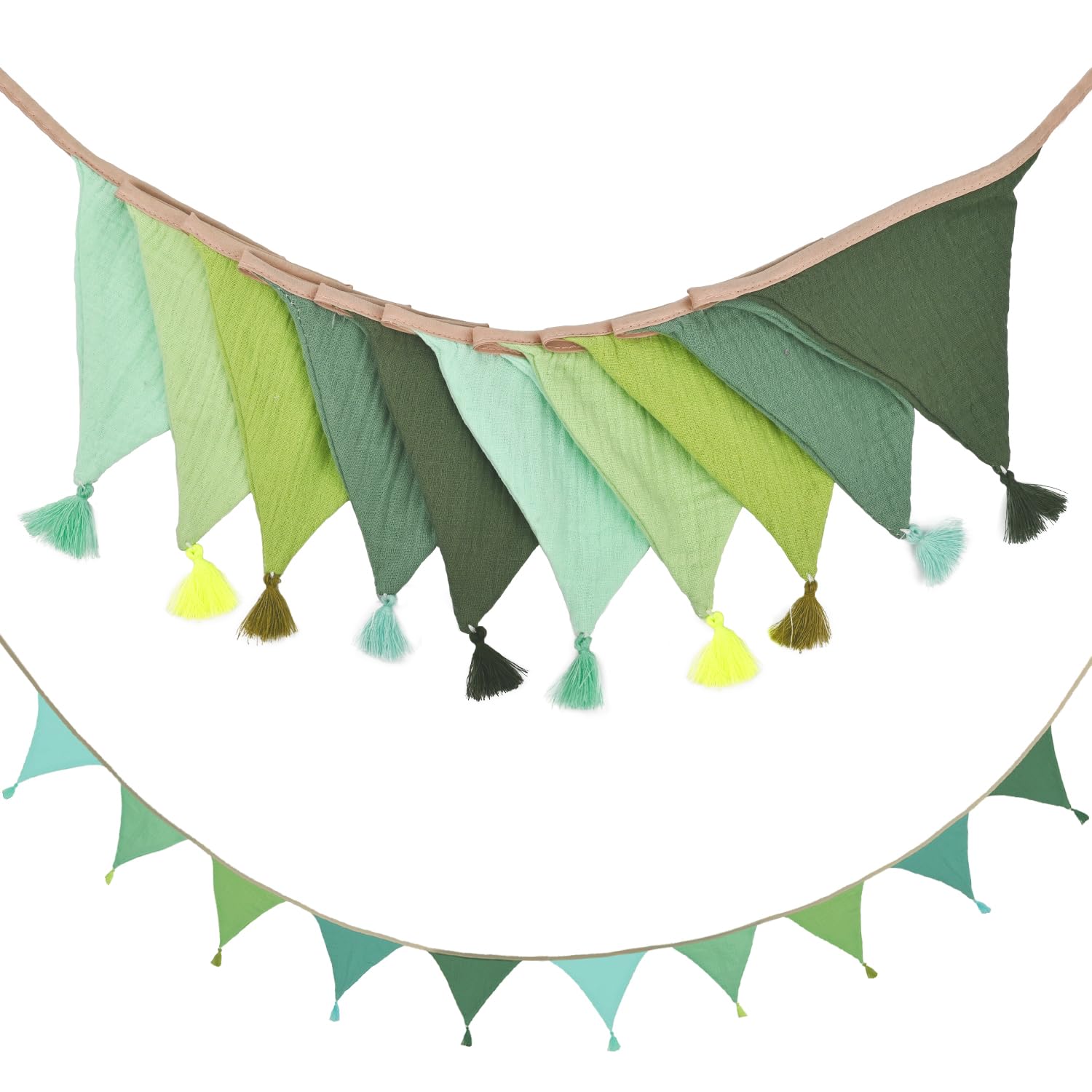 10Pcs Fabric Bunting, Green Bunting with Tassel Double Sided Cotton Kids Room Garland 2.8M Fabric Pastel Banner for Nursery Birthday Party Baby Shower Kid Bedroom Decor