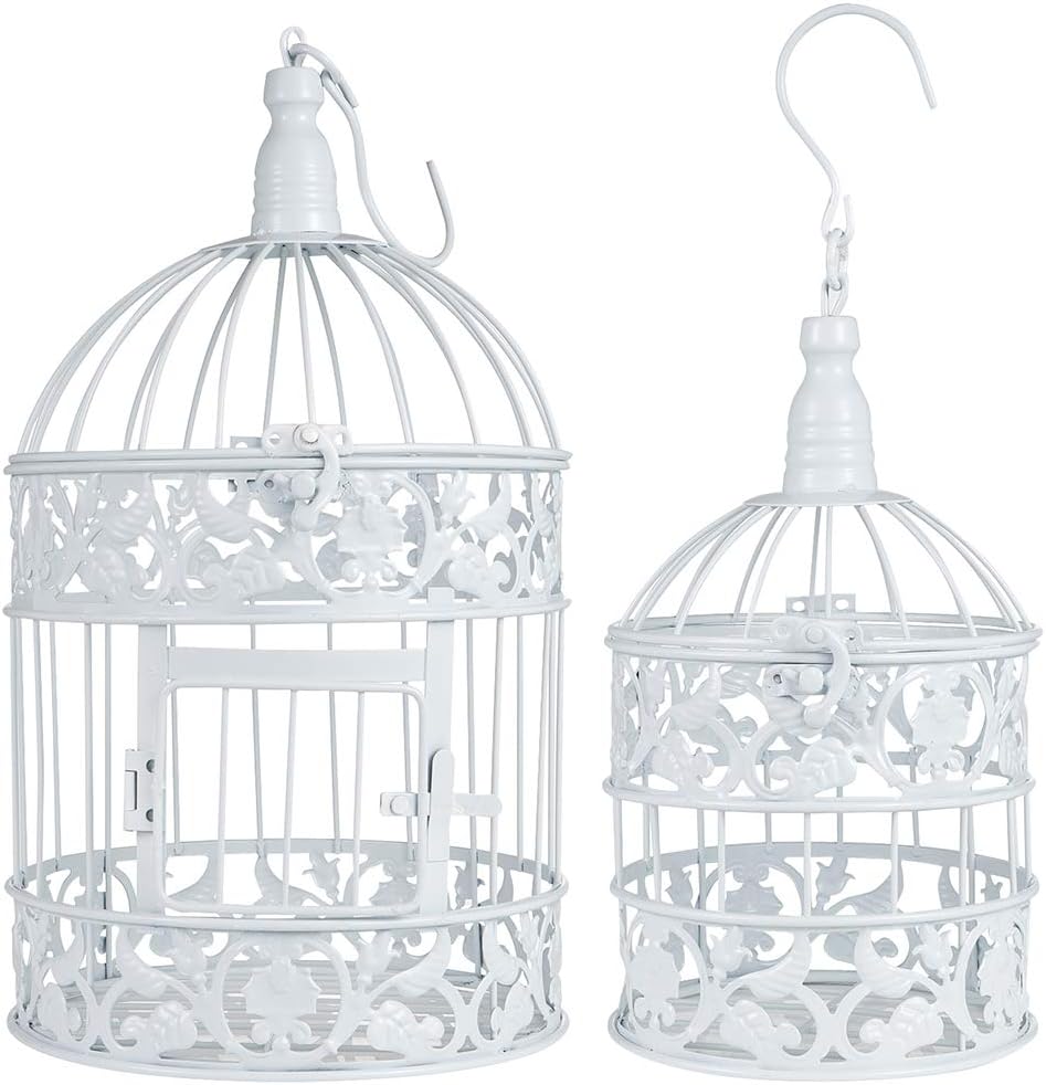 White Metal Birdcage Decoration Centerpieces, 2Pcs Round Wedding Bird Cage, Metal Bridal Birdcage Card Holder, Decorative Table Floor Tall Birdcage Candle Holder Centerpiece for Wedding Party Birthday