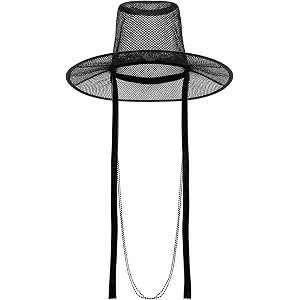 Ahzemepinyo Korean Traditional Gat Hat with Beaded Chains & Ribbon, Black Mesh Top Hat, Korean Costume Idol Cosplay Hat for H