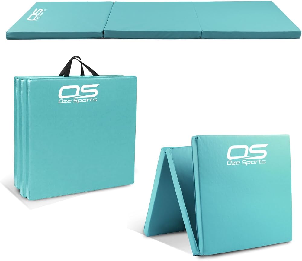 OZE SPORTS Gymnastic Tumble Exercise Mat 6FT Tri Folding Teal Non Slip PU