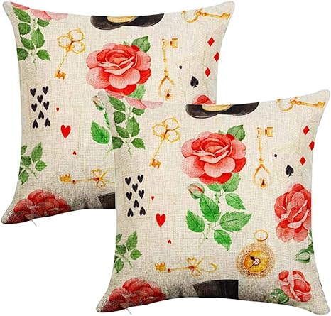 Amazon Co Jp クッションカバーひんやり 45 45センチ 二枚 ソファー用背当てカバー 抱き枕カバー 白い背景がある不思議の国のシームレスなテクスチャ素敵なバラの魔法のパターントランプ帽子古い時計と金色の鍵結婚式の招待状をカバーする壁紙印刷パッケージデザインに
