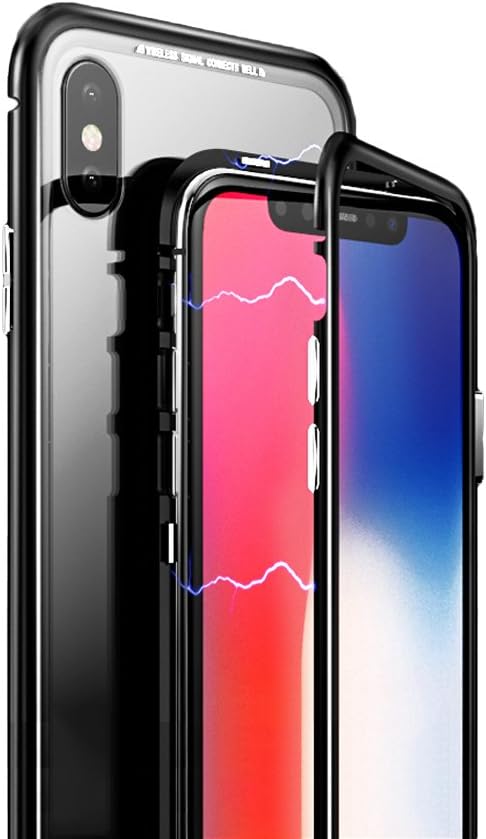 KumWum iPhone Xs Case Magnetic Adsorption Technology Aluminum Metal shockproof Bumper Frame with Tempered Glass Back iPhone X Cover,Clear Back+Black Frame