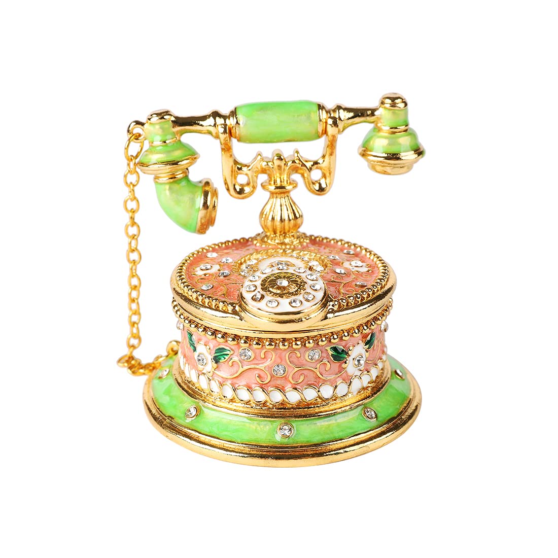 QIFU Hand Painted GreenPink Telephone Figurine Trinket Box Hinged Unique Gift for Family(QF1089)