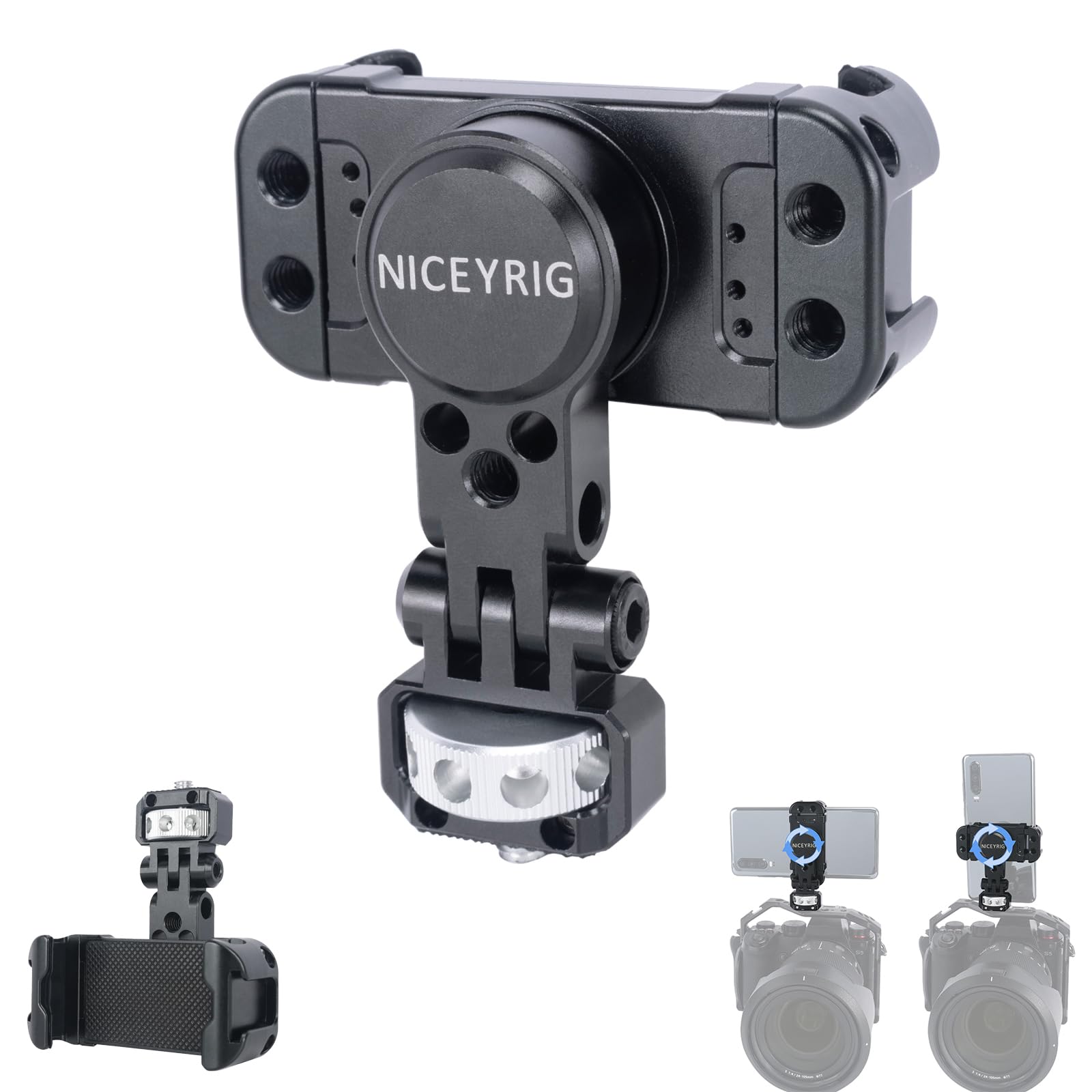 NICEYRIG Smartphone Tripod Mount Aluminum Alloy,Phone Stand Holder Clamp with 1/4 Mount 360° Rotation and 180° Tilt for DSLR and Mirror-less, Cinema Camera, Camcorder Cage Rig - 519