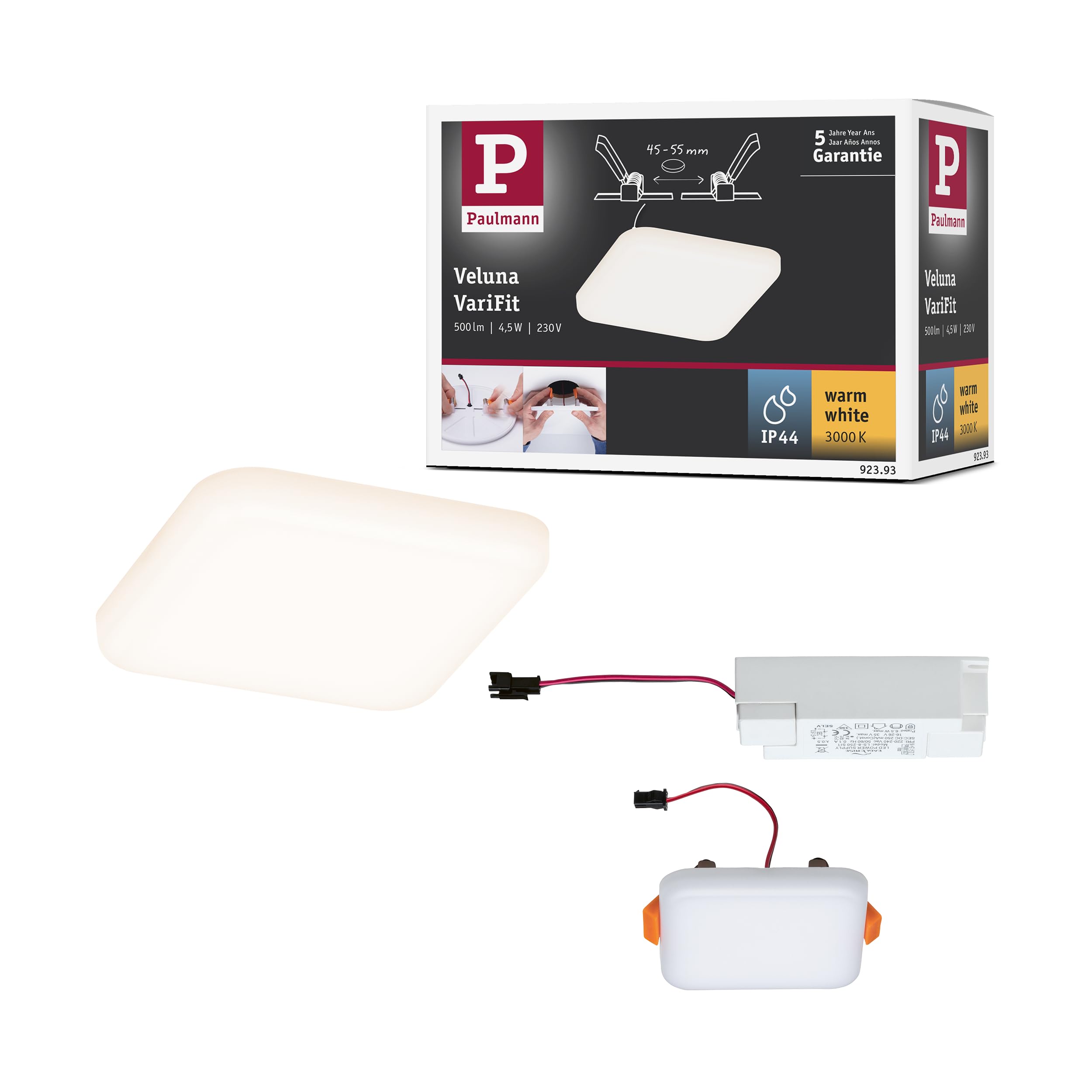 Paulmann 92393 LED Panel recessed luminaire Veluna VariFit IP44 Warm White 75x75mm Rectangular incl. 1x4.5 watt Satin Ceiling lamp Plastic 3000 K — image 1