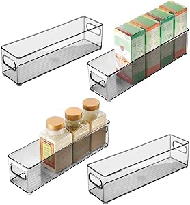 mDesign Slim Plastic Stackable Food Storage Container Bin, Handles for Kitchen, Pantry, Cabinet, Fridge, Freezer - Long Narrow Organizer Holds Snacks, Produce, Vegetables, Pasta - 4 Pack - Smoke Gray