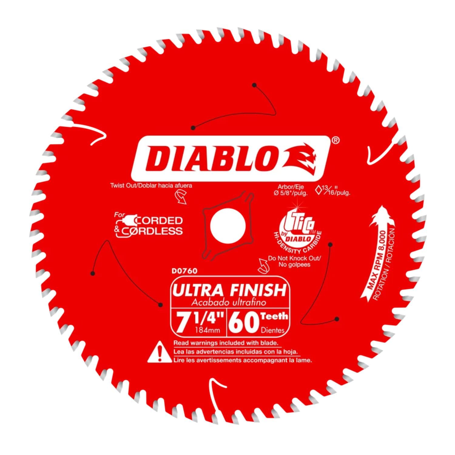 Hoja de sierra de carburo Diablo Ultra Finish para madera - 7-1/4 de diámetro, 60 dientes ATB, eje de 5/8, corte de 0,059, ángulo de gancho de 10°, placa de 0,040, 8000 RPM máx. - D0760A