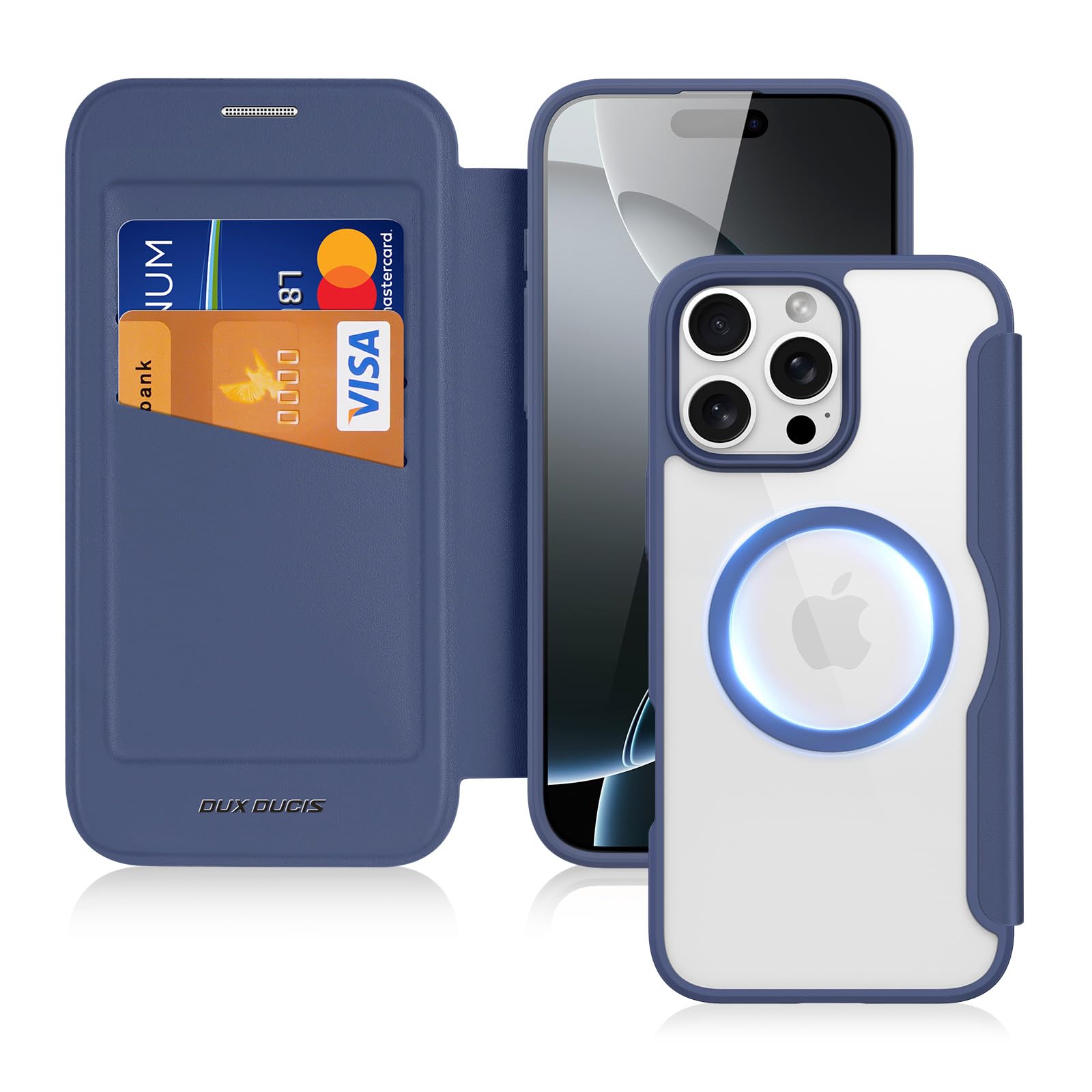 DUX DUCIS iPhone 16 Pro Case Wallet with Card Holder - RFID Blocking, MagSafe Compatible Premium Leather Flip Folio Cover (6.3", Blue)