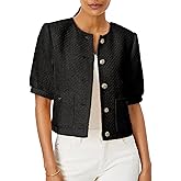 LifeShe Puff Short Sleeve Tweed Jacket Women Cropped Jackets Summer Open Front Office Work Blazer Coat