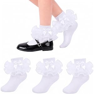 AHDSGJH 3 Pairs Girls Ruffle Socks with Bows, Cute Frilly Lace Turn Cuff Cotton Dress Socks, Toddler Little Big Kids Princess