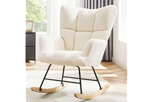 UOCFYK Nursery Rocking Chair, Boho Accent Ottoman, Teddy Upholstered Glider Rocker with High Backrest, Recliner Function and Foot Rest for Living Room, Small Spaces, Bedroom, Beige