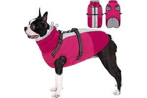 AOFITEE Dog Coat, Warm Dog Jacket with Harness Built-in, Waterproof Medium Dogs Cold Weather Coat with Zipper, Reflective Fleece Lined Pet Snow Jackets for Pug, Jack Russell, Boston Terrier, HotPink M