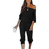 PRETTYGARDEN Two Piece Sets for Women 2026 Casual Ribbed Knit Off Shoulder Tops Lounge Pants Fall Tracksuits Winter Clothes