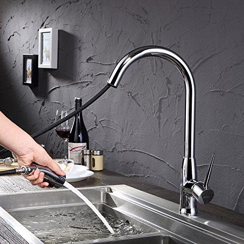 Lead Free Pull Down Kitchen Faucet Best Commercial Solid Brass Kitchen Sink Faucet With Pull Out Sprayer High Arc Single Handle Bar Faucet Chrome SonTiy
