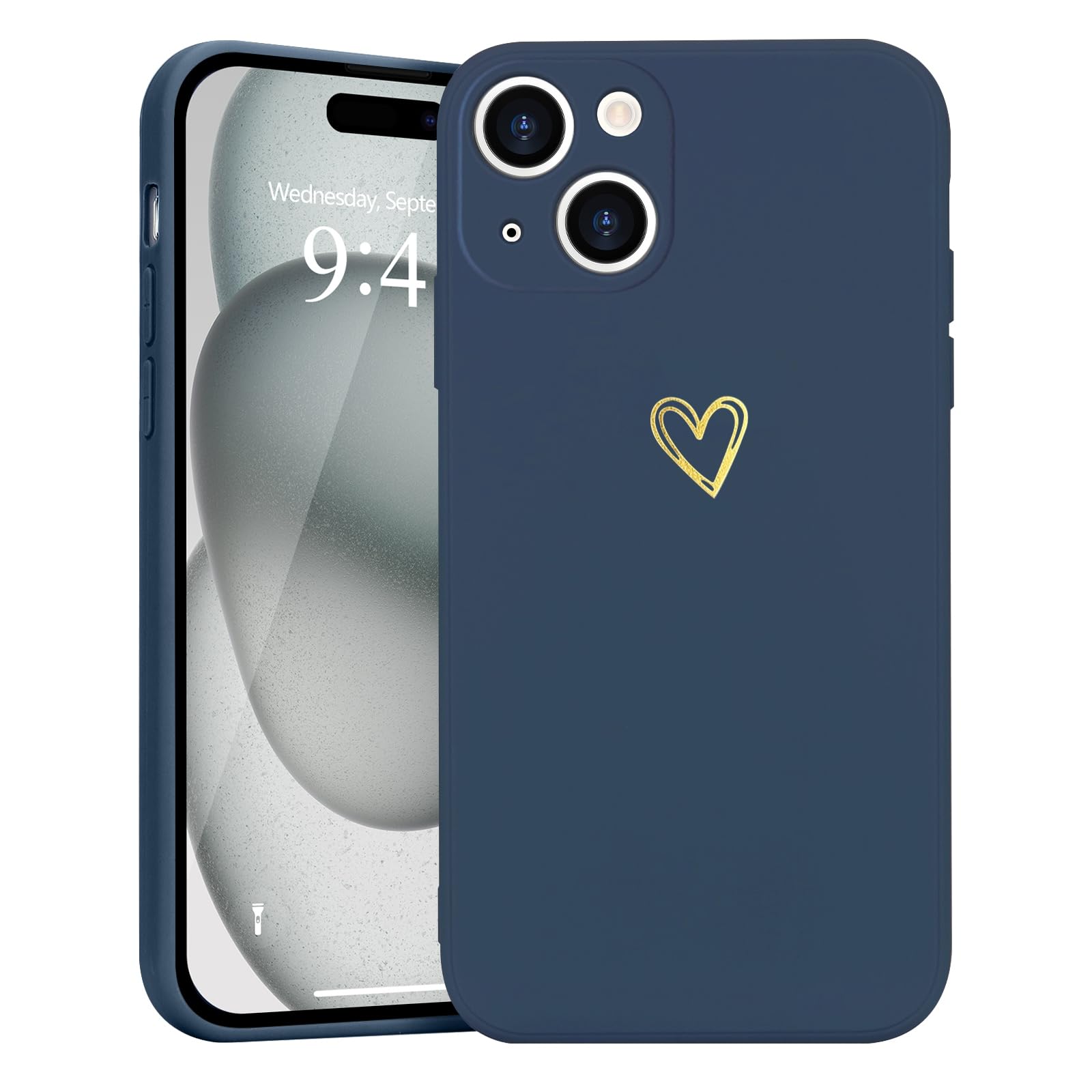 Wirvyuer for iPhone 15 Case Cute Heart Pattern Soft Shockproof Protective Silicone Phone Case for Women Girls, Navy Blue — image 1