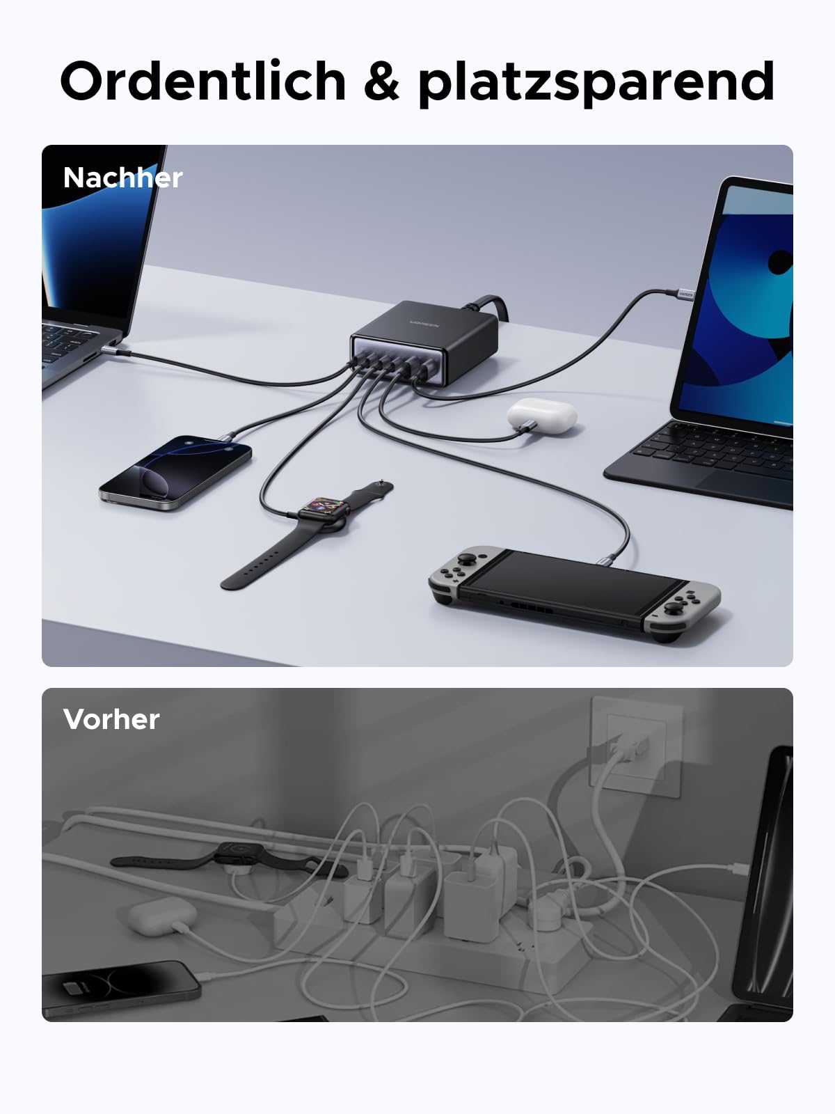 UGREEN 100W USB C Ladegerät 6-Port Ladestation 65W GaN Netzteil PPS Schnellladegerät Mehrfach kompatibel mit MacBook Pro/Air, iPhone 17-8 Serien, Galaxy S25, S24, A15, Pixel 9, iPads 9