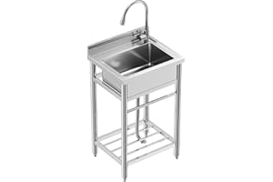 ZSTAR Free Standing Commercial Restaurant Kitchen Sink, Stainless Steel Sink with Hot & Cold Hoses, NSF Certificated, Utility Sink with Storage Shelve & Faucet for Laundry Room, Backyard, Garage (24 Inch)