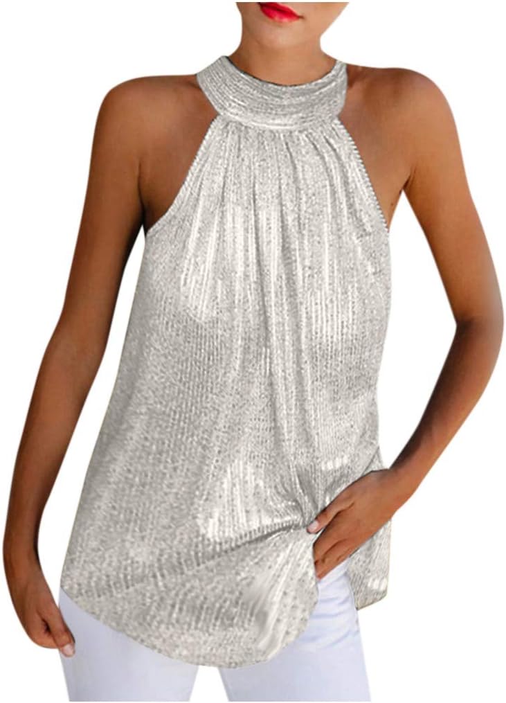 Moent Sales Plus Women Summer Solid Sequined Sleeveless Casual Tunic Top Tank Shirt Vest, Tops for Women UK Clearance Size Autumn Winter Blouse Silver