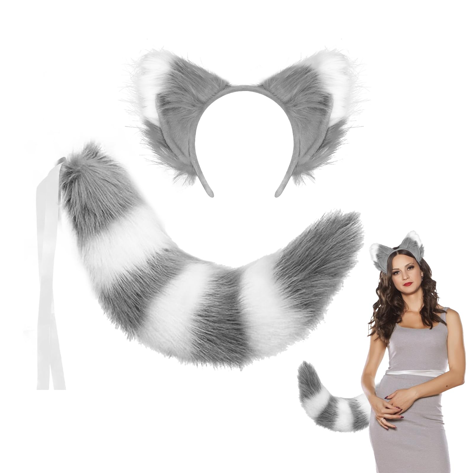 XINCHIA Faux Fur Fox Cat Ears Headband Tail Set Fluffy Wolf Fox Cosplay Costume Hair Hoop Long Tail Kit Animal Dress Up Fancy Dress Hairband Accessories Halloween Role Play Party Costume for Adults