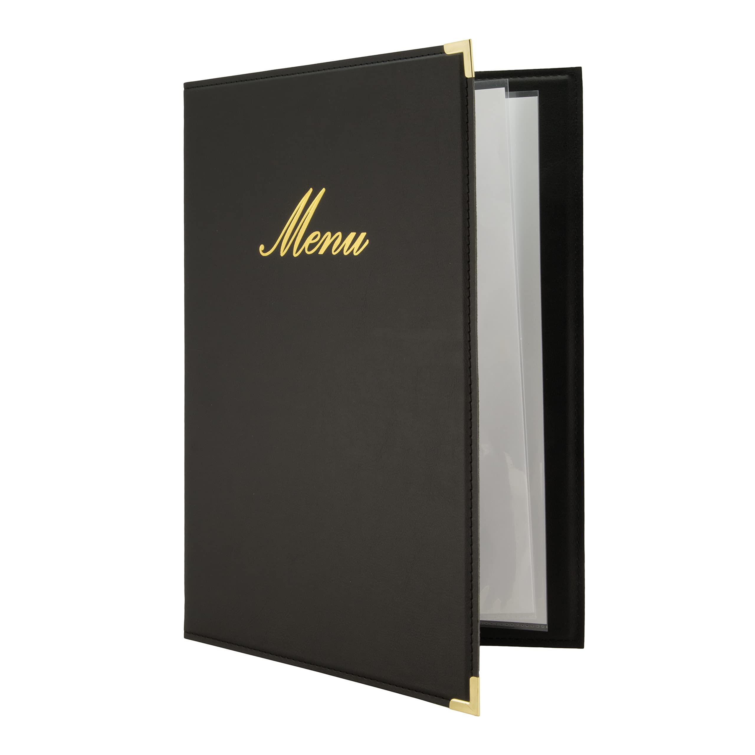 Securit Classic Leather Menu Range - Faux Leather A4 Menu Holder with 4 Page View, Long Leather Menu Cover, Small Menu Folder Book for Restaurant & Cafe - Black