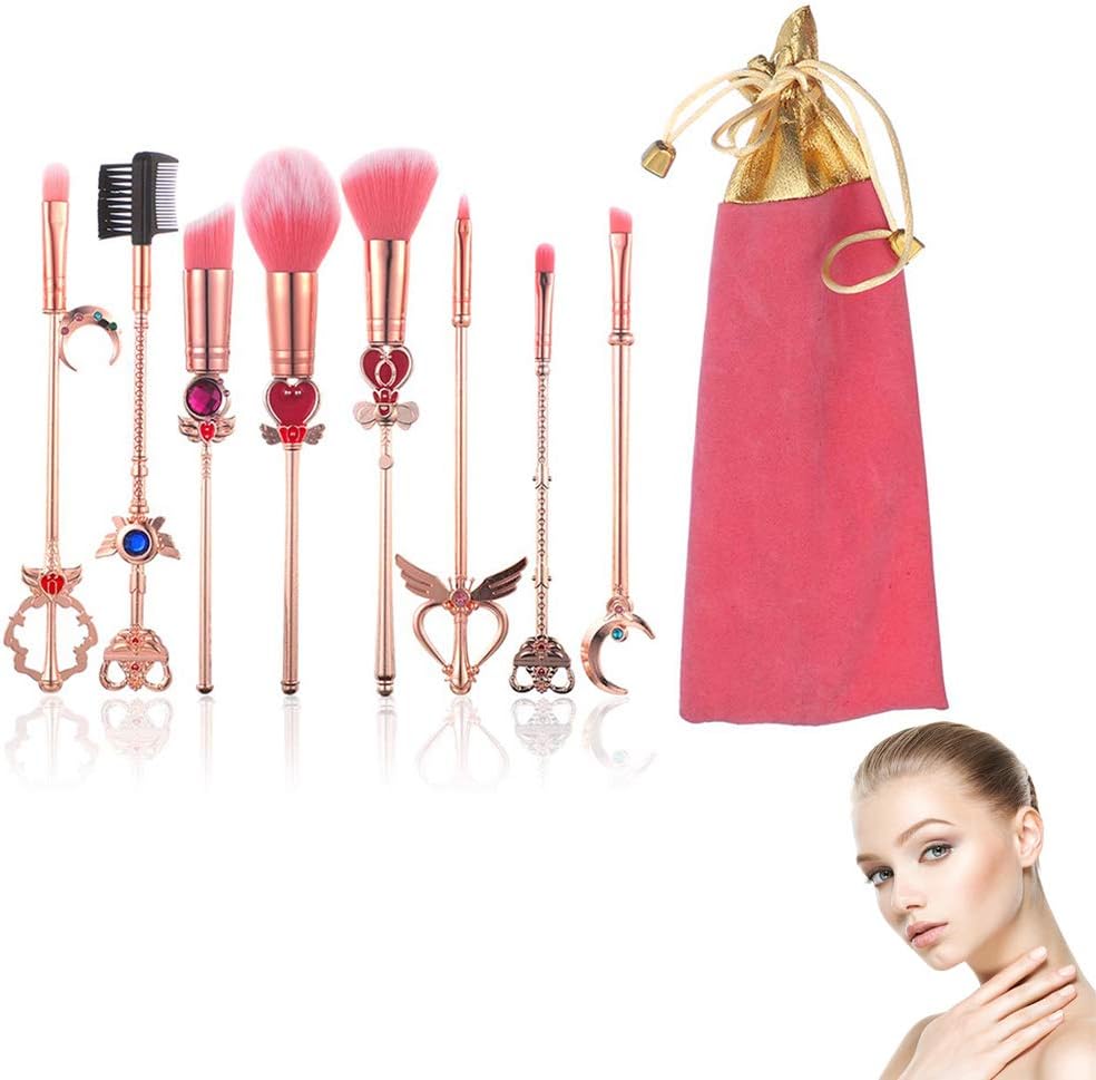 Xiton, Makeup Brush, 8 pieces Makeup Brushes Set Magic Sailor Moon Makeup Brush Sakura Cosmetic Makeup Tool Kit Powder Liquid Cream Applicator Pink Drawstring Bag Included(Pink&Gold)