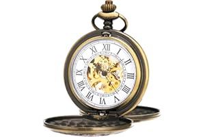 ManChDa Pocket Watch - Engraved Bronze Retro Vintage Double Hunter Series Skeleton Dial Delicate Mechanical Movement + Gift Box