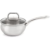 Berghoff Belly Shape Stainless Steel Saucepan with Glass Lid, 1.5qt | Induction Cooktop Ready Sauce Pan, 6.25 Inches, 3 Layer Base, Measurement Markings, Drip Free Pouring Rim, Oven Safe