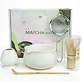 5Pcs Matcha Set Bowl and Whisk, White Ceramic Matcha Set Kit, Complete Matcha Making Kit Gift for Ceremony Matcha Tea Lover
