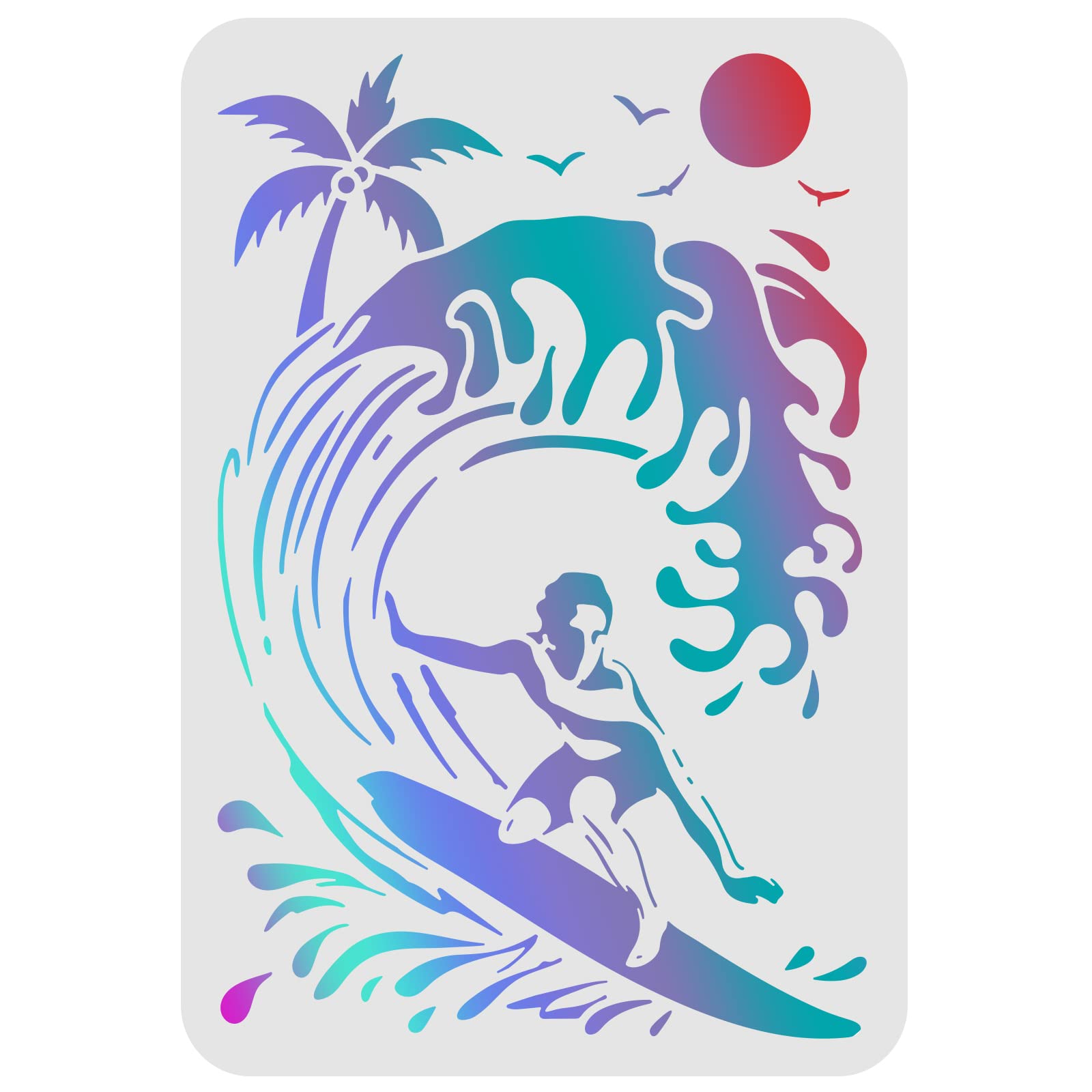 FINGERINSPIRE Surfing Stencils 29.7x21cm Plastic Wave Drawing Painting Stencils Sun Palm Trees Seagull Pattern Wall Stencils Reusable Stencils for Painting on Wood, Floor, Wall and Tile