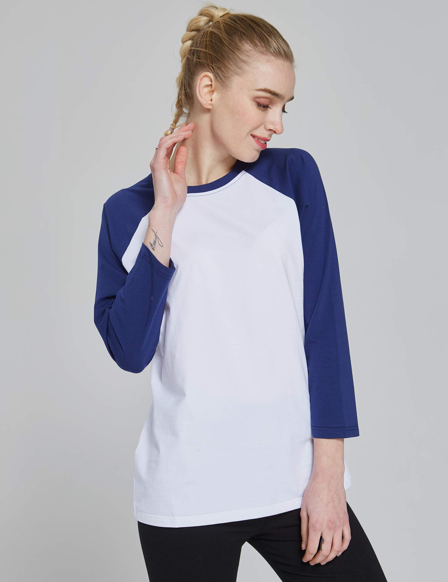 Suntasty Damen Langarmshirt 3/4 Ärmel Shirt mit Rundhals-Ausschnitt in verschiedenen Farben (SS001W/White and Blues)