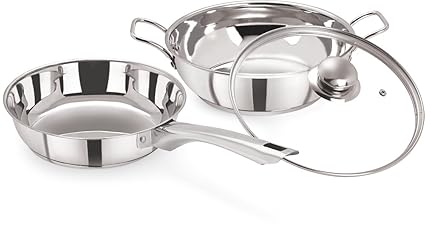 Pristine Induction Compatible Stainless Steel Sandwich Base Cookware Set, Fry Pan & Kadai with Glass Lid 22 cm / 2Ltrs, 3PCS, Silver
