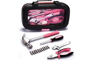 Trimate, Hand Tool Set, Includes, Hammer, Screwdriver, Plier, Tweezer,Tape Measure (Pink 15pcs Set)