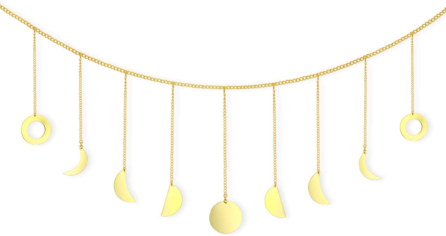 ONEPENG Moon Phase Wall Decorations,Bohemian Wall Decor, Moon Phase Wall Hanging Garland with Gold Shining Chainsfor Home, Fireplace, Window, Bedroom, Living Room, Apartment, Dorm (78", 9 Moon, Gold)