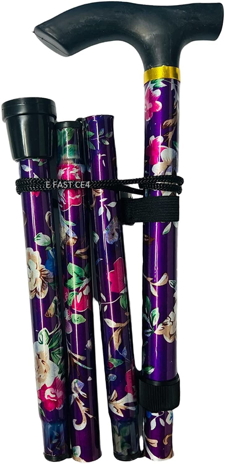 Walking Stick, Walking Aid Mobility Aid, Collapsible Walking Stick, Easy Adjustable Height Folding Extendable Walking Cane, Lightweight Flexible and Durable (PURPLE FLORAL)