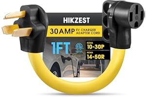 Hikzest 1FT NEMA 10-30P to 14-50R EV Charger Adapter Cord, 30 Amp Dryer to 50 Amp EV for Level 2 Charging, 4 Prong to 3 Prong Power Adapter Cord with Handle, ETL Listed