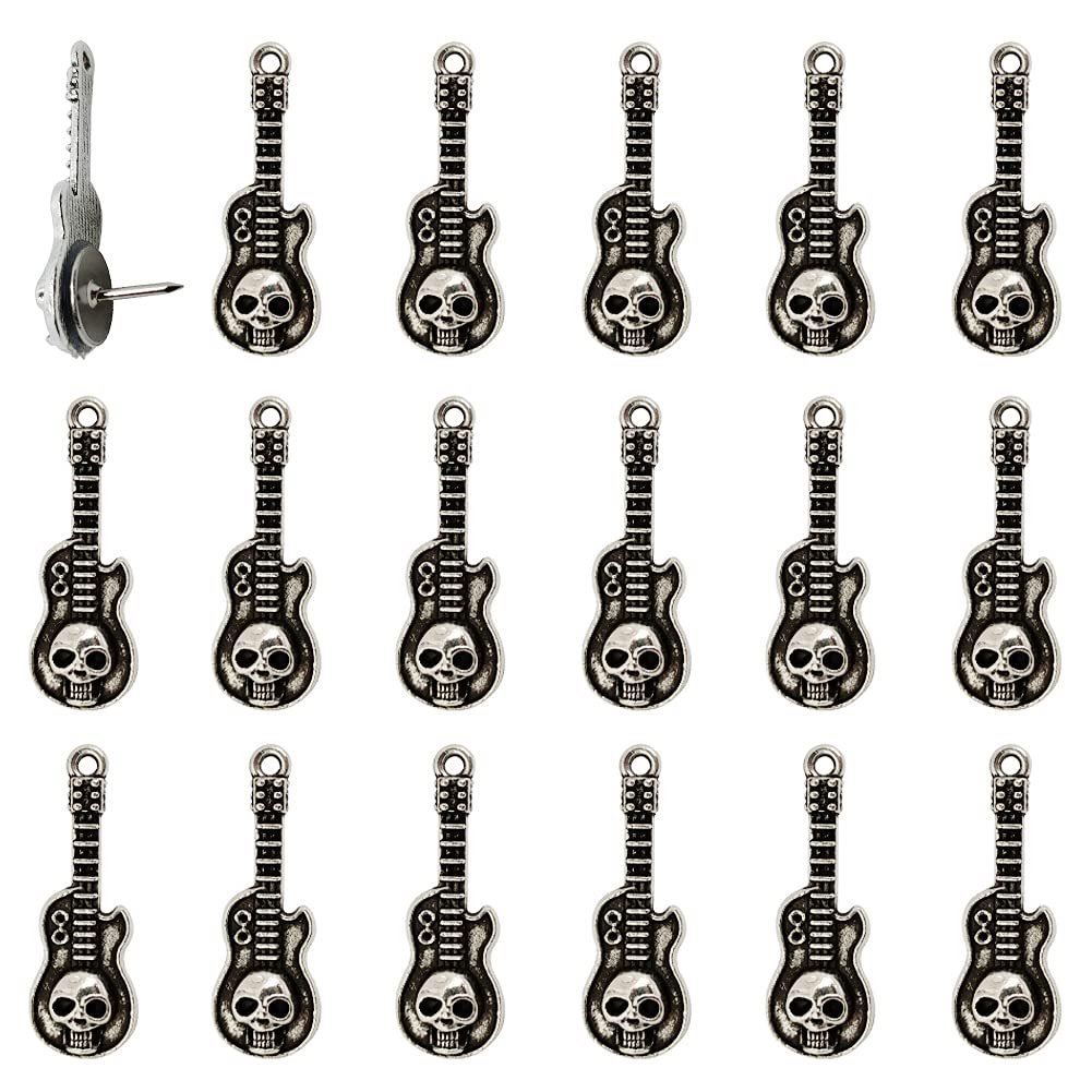 Photo 1 of FoyaHome Guitar Skull Push Pins, 20 Pcs Antique Silver Thumbtack for Paper Picture Photo Memo File Menu Note,Bulletin Board Cork Board Decoration Metal Drawing Pins Accessories Nails(B)