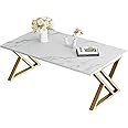 Wolawu Coffee Table Living Room Table White Center Table, Simple Modern Faux Marble Rectangular Tea Table with Sturdy Gold-Finished Metal Frame,Industrial Wooden Coffee Table for Bedroom Home Office