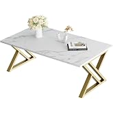 Wolawu Coffee Table Living Room Table White Center Table, Simple Modern Faux Marble Rectangular Tea Tables with Sturdy Gold Metal Frame,Industrial Wooden Coffee Table for Bedroom Home Office