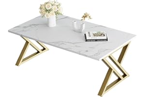 Wolawu Coffee Table Living Room Table White Center Table, Simple Modern Faux Marble Rectangular Tea Tables with Sturdy Gold M