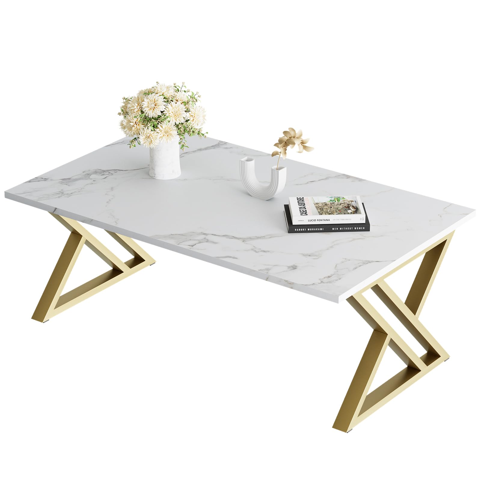 Photo 1 of Wolawu Coffee Table Living Room Table White Center Table, Simple Modern Faux Marble Rectangular Tea Tables with Sturdy Gold Metal Frame,Industrial Wooden Coffee Table for Bedroom Home Office