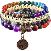 JTK Design Natural Semi Precious Gemstone beads bracelet for women Energy Reiki Healing Crystal Stretch Stackable Bracelets with Yoga Charms 4in1 set